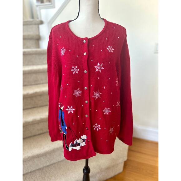 Vintage 90s Red Holiday Woman Walking Scottie Dog Cardigan Christmas Winter - Picture 1 of 8